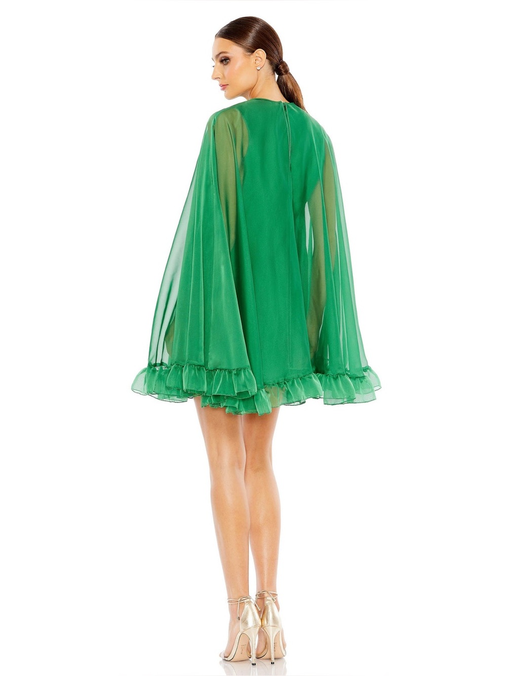 NWT Ieena for Mac Duggal High Neck Ruffle Hem Cape Mini Dress Dark Green SZ 4 - Picture 2 of 6